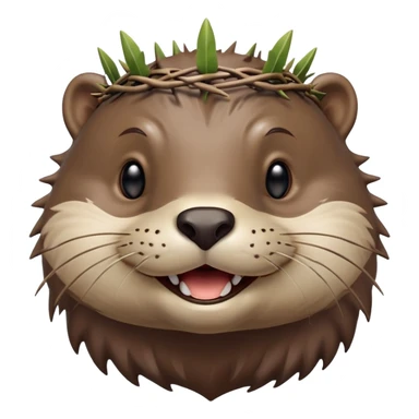 really cute smiling joyful otter face in three-quarter profile view with simple thorny stem wrapped horizontally around its forehead like Jesus Christ's Crown of thorns, no crown shape on top, just thin spiky branches circling the forehead, Apple emoji style, glossy finish, smooth gradients sticker
