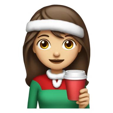 Girl with long brown hair wispy bangs wearing a Santa hat holding a cup of hot chocolate  sticker