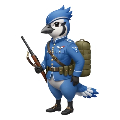 A bluejay bombadier, grenadier, military uniform, bandolier of grenades, bombs, side profile, feet included  sticker