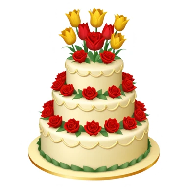 A large three teir cake with first mayer decorated with roses, second with Sunflowers and third with Tulips and Happy Birthday Dear written on top. sticker