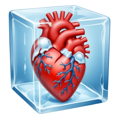 An artistic depiction of a human heart frozen in time, encased in a crystal-clear ice cube, symbolizing emotional coldness and isolation, cinematic lighting, high detail sticker