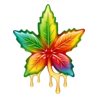 generate an emoji-style image of a juicy gummy shaped like a marijuana flower, make it colorful and with liquid dripping out sticker