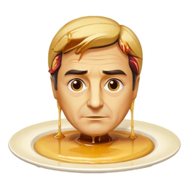 flan bust of François Fillon, face and head entirely flan with creamy yellow color, hair dripping glossy caramel, sitting on a round white plate sticker