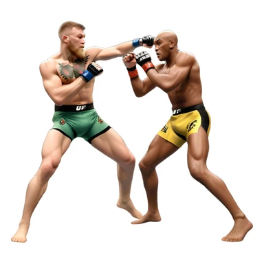 An MMA showdown between Conor McGregor and Anderson Silva in the octagon. McGregor is executing a powerful jumping strike, while Silva is expertly blocking the attack with his forearm. The background features the UFC octagon, fans in the distance, and dynamic action. Transparent background sticker