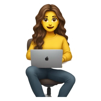 female coder with apple laptop in front of her, very long wavy brown hair, brown eyes, facing the right side while looking at the laptop, yellow sweatshirt, no glasses sticker