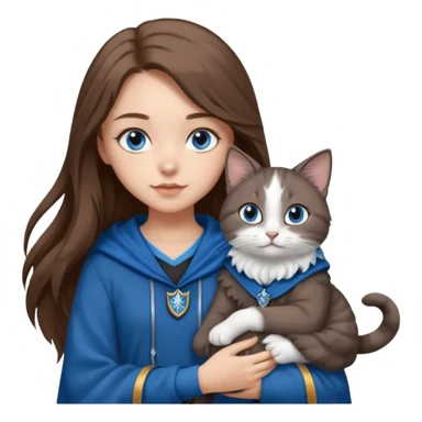 gorgeous Girl with light skin, blue eyes, long brown hair, wears a ravenclaw outfit, with a grey and white cat holding in her arms sticker