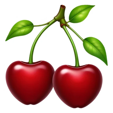 Pair of vibrant deep red cherries with green stem, fruit sticker