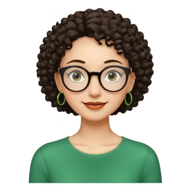 Slim, very slender woman with light skin, short dark curly hair, large brown eyes, black round glasses, big green earrings, thin arms and narrow shoulders, warm wide smile, friendly and intelligent expression. sticker