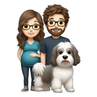 Pregnant girl with half long brown hair with glasses, a boy with long beard, glasses and short hair and english sheepdog sticker