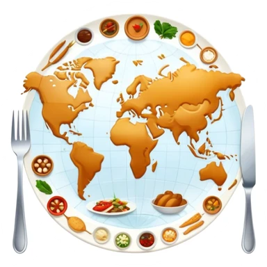 Icon for Culinary Tourism: a world map with food elements like a fork, knife and dish, surrounded by iconic dishes from various countries. The icon should represent the exploration of global cuisines and travel experiences. Transparent background. sticker