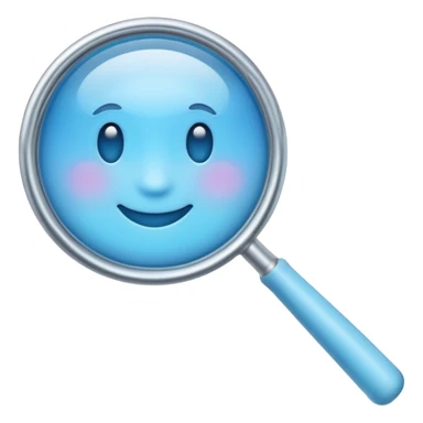 A 3D emoji-style magnifying glass, smooth rounded shapes, soft gradient blue ring, glossy plastic material, subtle highlights and reflections, simple minimal design, pastel blue color, slightly thick proportions, soft lighting, clean white background, modern emoji aesthetic, centered composition sticker