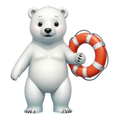 full body friendly anthropomorphised polar bear smiling wearing colorful swim suit and scuba goggles holding red and white life buoy standing in small puddle sticker