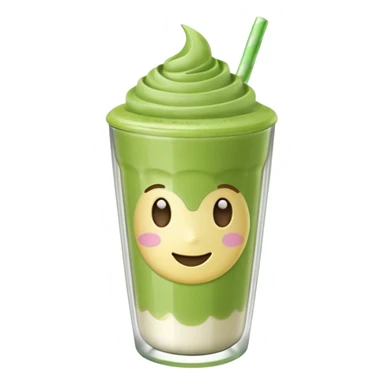 Emoji glossy 3D de un vaso de matcha latte, vaso de vidrio transparente con matcha espumoso verde pastel, capas suaves de leche y matcha, brillo intenso tipo sticker, sombras delicadas, fondo transparente, estilo cute moderno, alta calidad sticker