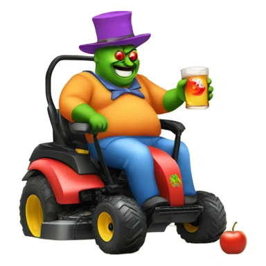 fatman-drinking-cider on ride on lawn mower with a clown hat sticker