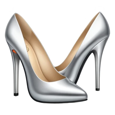 A pair of high heel shoes emoji made of polished silver chrome, elegant sharp silhouette, smooth metallic surface, glossy reflections, luxury sexy vibe, minimalistic iOS emoji style, centered, clean white background sticker
