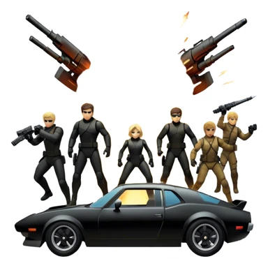Photorealistic Icon for Action Movies: Dynamic collage of iconic action movie scenes featuring explosions, fast cars, combat, and weapons. Include silhouettes of famous action heroes, dramatic lighting, and a sense of high-octane energy. Transparent background. sticker