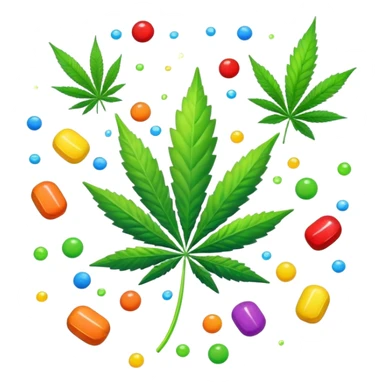 colorful candy raining down with green cannabis leaf in the center sticker