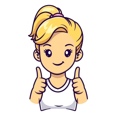 blonde girl with high pony tail hair, winking and making peace sign sticker