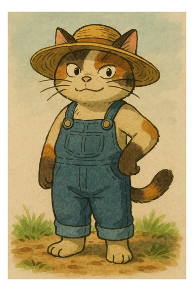 expressive illustration of a standing farm cat wearing a straw hat and overalls, simple background sticker