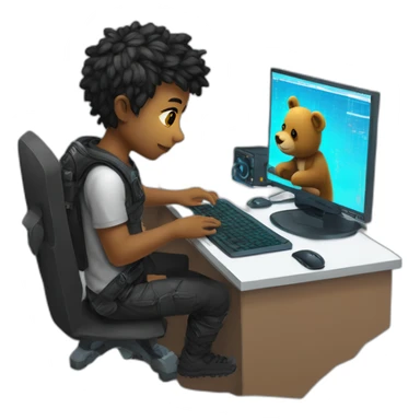 a male name teddy is doing coding at his cyberpunk room, there is a code at his monitor and there is a teddy bear sticker