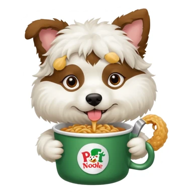 a brunette white wooly dog eating a pot noodle sticker