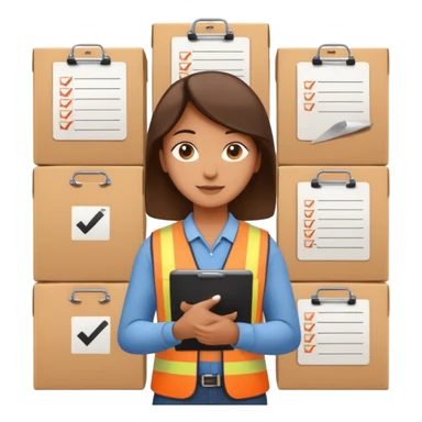 A person holding a clipboard with checklist marks next to stacked boxes, indicating stock or inventory management. sticker