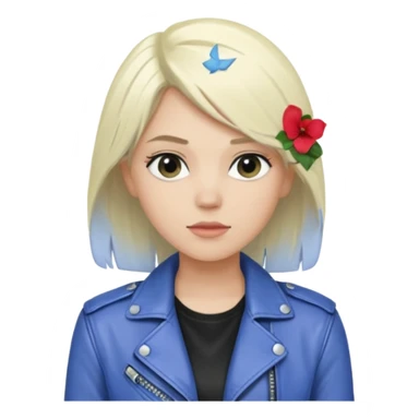 Emily Armstrong, Rock Singer (b.1986) with platinum blonde hair, periwinkle shirt sticker