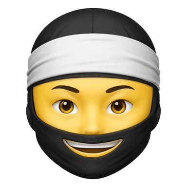 ninja face emoji with black ninja mask covering lower face, no skin color, standard emoji yellow, white headband, smiling sticker