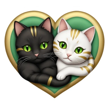 two cats, one black with gold eyes and another striped with green eyes sleeping next to eachother forming a heart sticker