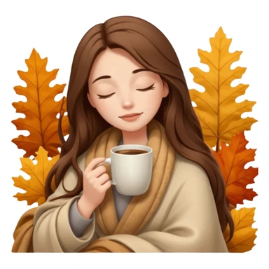 long brown hair woman closed eyes covered with cozy beige blanket, holding cup of coffee, autumn mood sticker