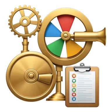 An icon featuring a pie chart, a clipboard, and a megaphone, symbolizing management and marketing. The design includes gears representing strategy and a dollar sign to highlight business growth. Transparent background emphasizes the dynamic world of business leadership and promotion. sticker