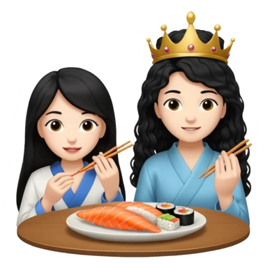 czarnowłosa ksieżniczka w dlugich wlosach je sushi z chłopakiem o czarno brązowych kręconych włosach i są zadowoleni i są nastolatkami i te włosy są lekko krecone i chłopak ma włosy do wysokosi nad brwiami sticker