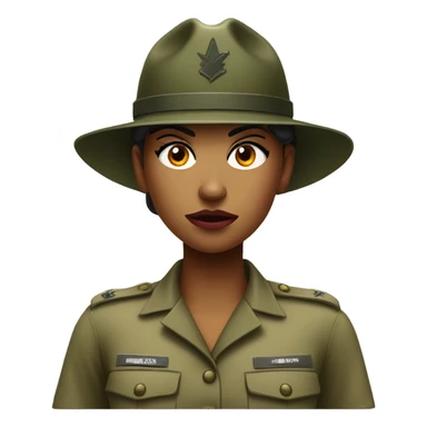 a female drill sergeant showing full torso wearing a classic sergeant hat and a camouflage army shirt. The character should have an angry intense expression.  sticker