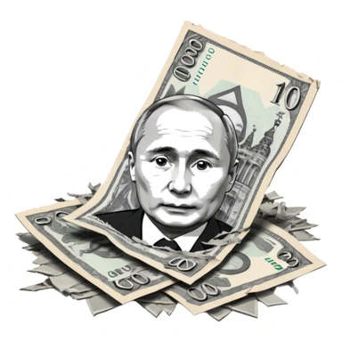 single stack of russian ruble notes with Vladmir Putin's picture on them blown into pieces because of explosion sticker