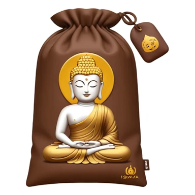 Iswari Éveil du Bouddha Maxi Protéines pouch, matte brown, logo, product name, Buddha silhouette, Vegan Gluten-Free Organic icons, full pouch, minimal, no extra text, no faces, clean 3D style, soft shadows, transparent background, emoji scale sticker