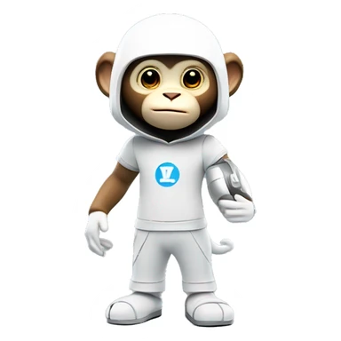 a 3d rendering of a full body shot of a cute white capucin monkey wearing a t shirt with a letter 'W' on it and a futuristic platinum helmet also with a letter 'W' on it, smiling and being cute to the camera, his style is futuristic y2k, he's standing up sticker