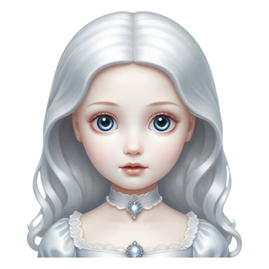 Cinematic and Ultra realistic 32k HD hauntingly beautiful porcelain doll sitting, Balanced features, highly detailed, glowing with silver light, high shine, remembrance, a painting of white silver, fanciful, enchanting, ghostly. The image is so lifelike it could leap off the canvas at any moment sticker