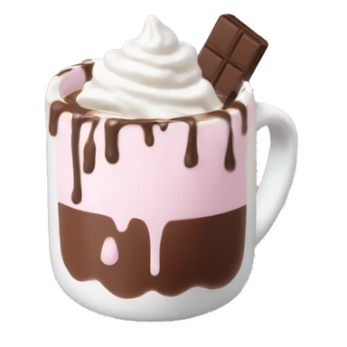 hot chocolate with mug and whip cream and chocolate drizzle and pale pink strawberry and marshmellows sticker
