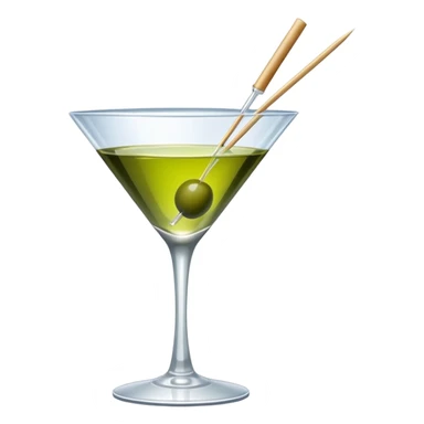 martini glass with clear liquid and an olive at the bottom skewered by a toothpick sticker