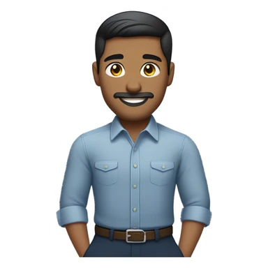 navajo  emoji of a man with short dark hair, clean-shaven, goatee and mustache.  wearing a formal button-up dark blue shirt,  smiling  with a smartwatch on his wrist.  resemble professional attire. smaller eyes  sticker