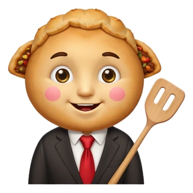 emoji style, happy fried empanada with face, big sparkling eyes, blushing cheeks, two buck teeth, red necktie, holding spatula, thick black outline, golden brown color, very cute and wholesome, transparent background sticker