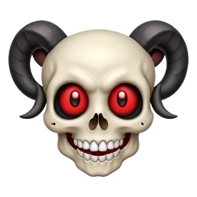 Emoji of mischievous skull with black ram horns, bright red eyes, wide expressive smile, inspired by three attachments, apple emoji style sticker