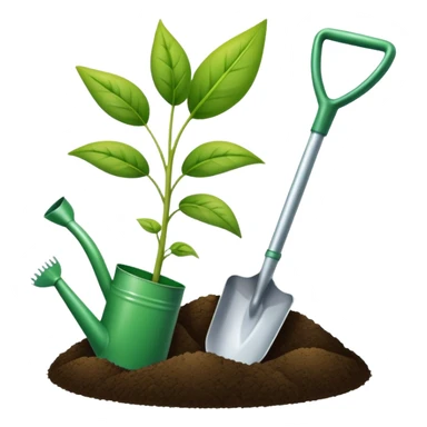 An icon featuring a shovel, a plant symbolizing agronomy. The design includes crops, a field, and a watering can, representing the science of soil management, crop production, and sustainable farming. Transparent background highlights agricultural research and growth. sticker