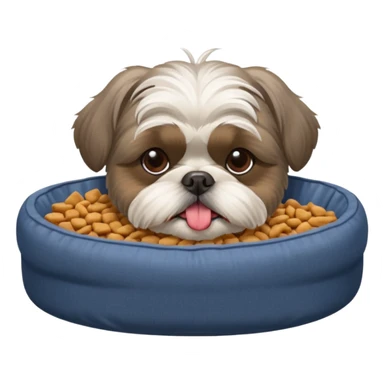 old ALL grey shih tzu in dog bed tongue hanging out bowl of food in front sticker
