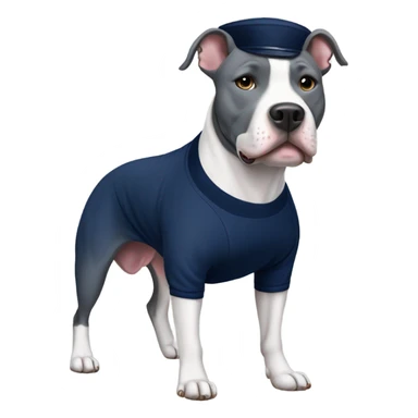 Gray pitbull wearing a navy jersey sticker