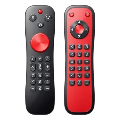 One black tv remote control with red border, frontal face in  2 dimensions. The remote control have to have 4 buttons in black and one big one in red and the play sign sticker