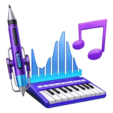 Create a creative and inspiring emoji that represents writing music tracks. The design should feature musical notes, a pen or pencil, and a digital audio workstation (DAW) interface or a computer screen with a visible waveform, symbolizing the process of composing and arranging a track. Add elements like a metronome or a pair of headphones to reflect the recording and editing aspects. Use vibrant colors like electric blue, purple, or neon green to represent creativity and innovation in music production. The background should be transparent. sticker