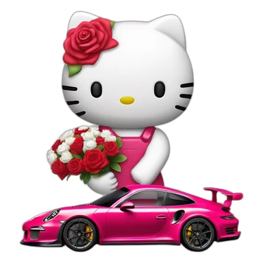 Hello kitty with porsche 911 gt3rs and bouquet of rose red in the hand sticker