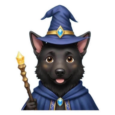 all black german shepherd face wearing a wizard hat and staff and magic swirling around him sticker