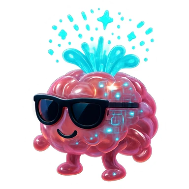 Edit to make the brain look like an AI, with circuitry, glowing blue and green lights, and a digital explosion, keep the sunglasses. sticker